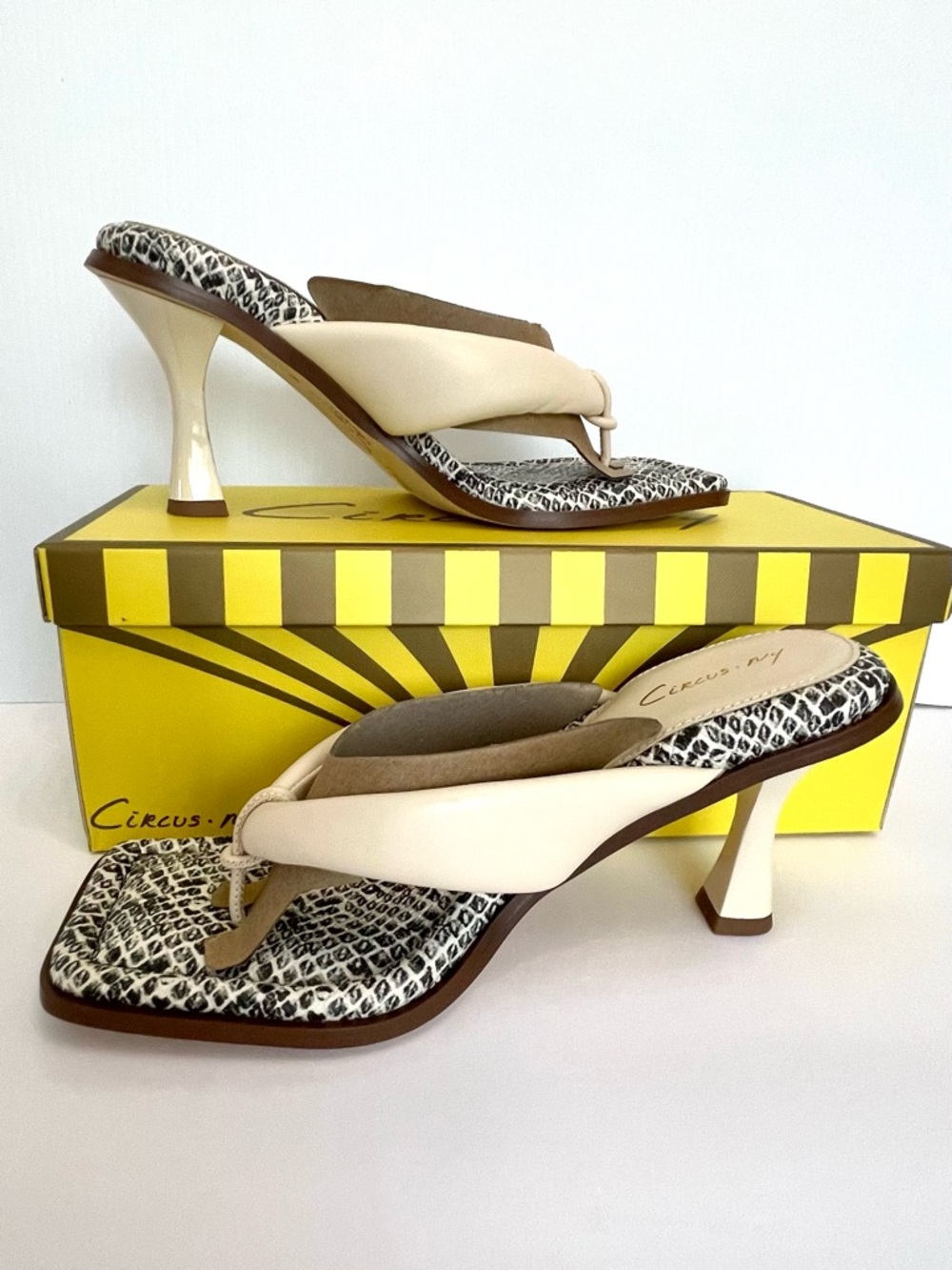 Circus by Sam Edelman Square Toe Mules Ivory & Snakeskin 3 inch Heel Size 8,5